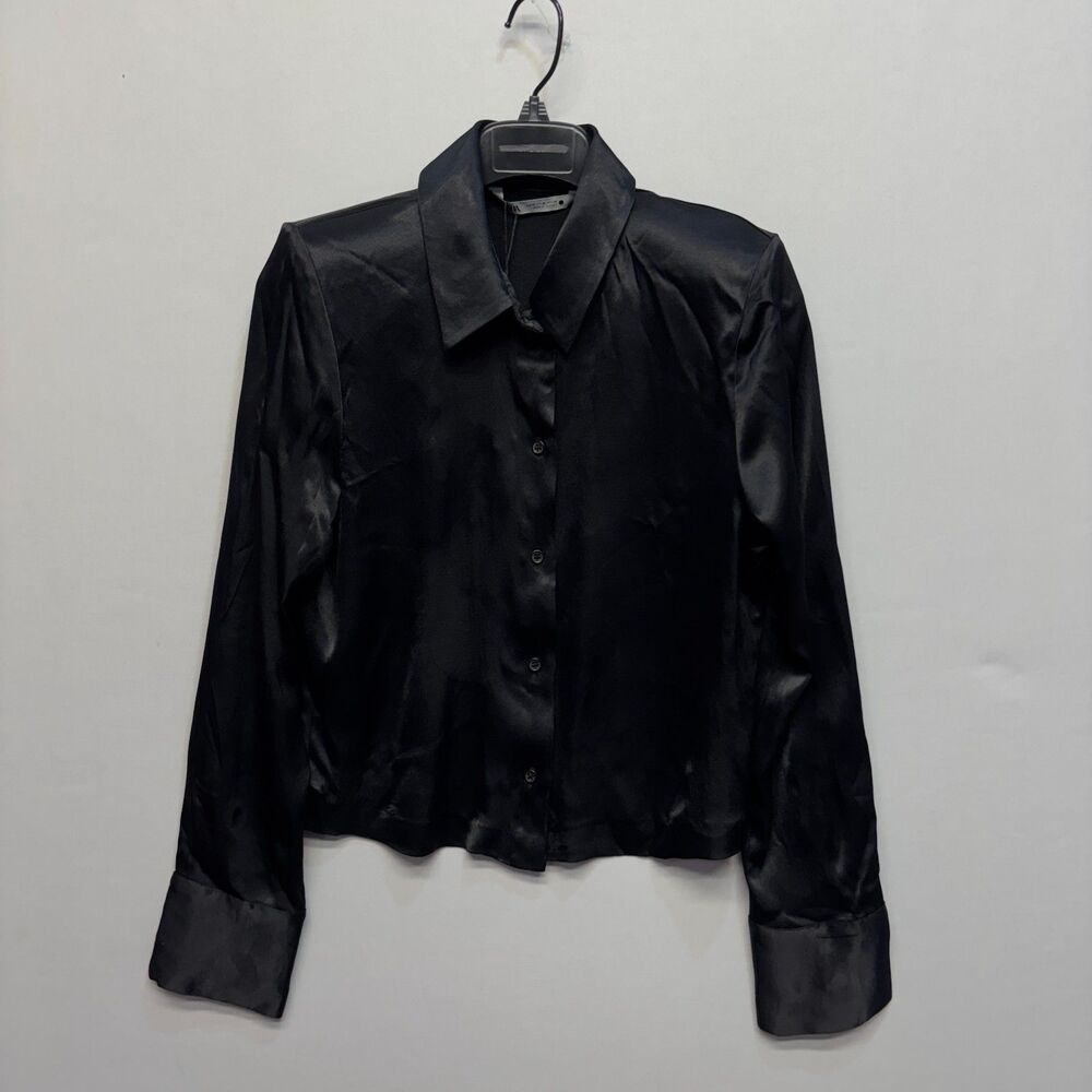 NWT Zara Women Long Sleeve Blouse Top Button Shirt Size Medium Black D096 -4